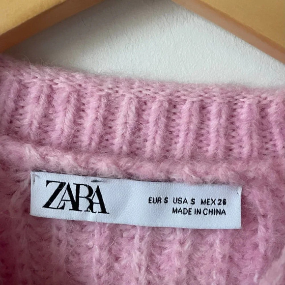 Zara Purl Knit Crop Wool Alpaca Balloon Sleeve Knit Sweater Light Pink Sz Small - Picture 9 of 10